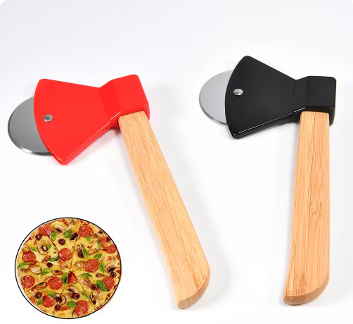 Axe Bamboo Handle Pizza Cutter - Rotating Blade Kitchen Tool for Effortless Pizza Slicing