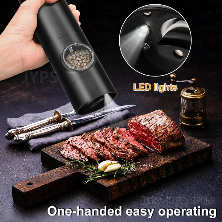 Automatic Pepper Grinder - USB Rechargeable Salt & Pepper Mill with Adjustable Coarseness and LED Light