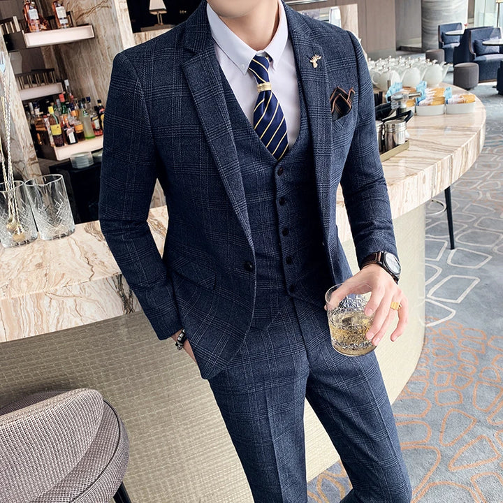 High-Quality British Korean Plaid Three-Piece Suit – Stylish Men’s Suit with Vest & Trousers for Business Casual Elegance 👔✨